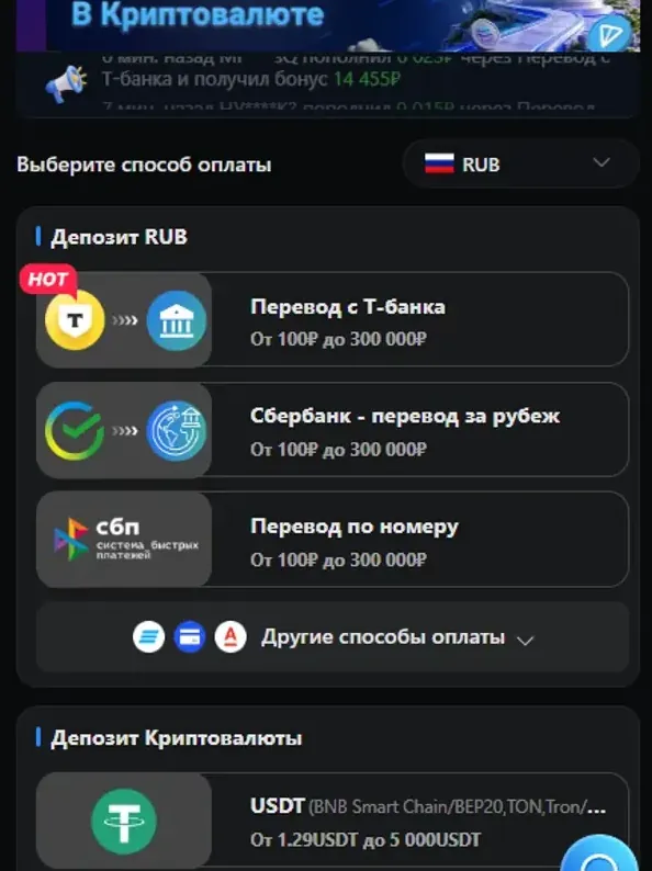 Окно «Пополнить» в Lucky Bear: рублёвые способы Т-Банк, Сбербанк и СБП от 100 до 300 000 ₽ и блок криптовалюты USDT