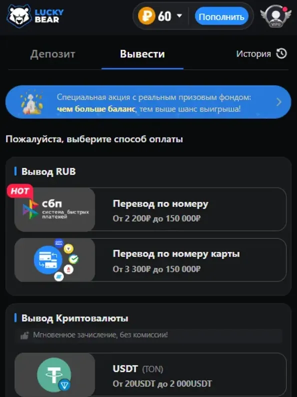 Вкладка «Вывести» в кассе Lucky Bear: СБП от 2 200 до 150 000 ₽, карта от 3 300 ₽, USDT в сетях TON, TRC-20 и BSC
